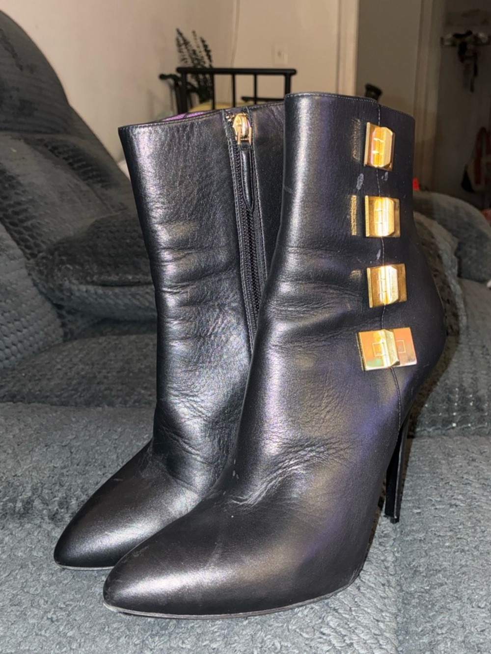Emilio Pucci Black Leather Pointed Ankle Boots with Gold Buckle Accents